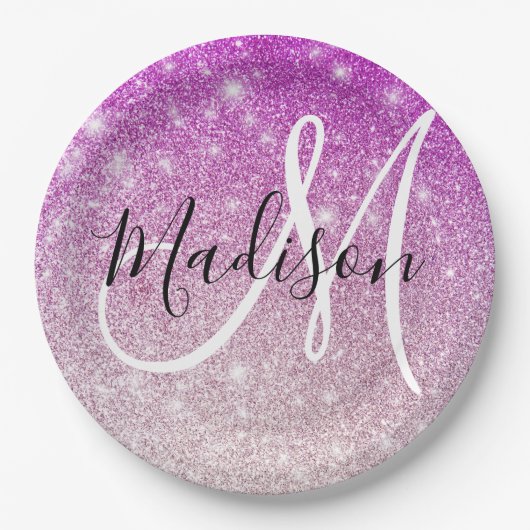 Meisjes en Glam Paars Glitter Sparkles Monogram Papieren Bordje (Voorkant)