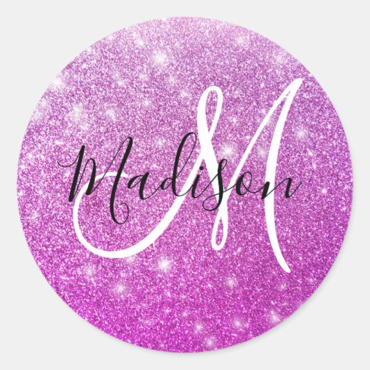 Meisjes en Glam Paars Glitter Sparkles Monogram Ronde Sticker (Voorkant)