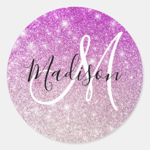 Meisjes en Glam Paars Glitter Sparkles Monogram Ronde Sticker