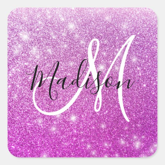 Meisjes en Glam Paars Glitter Sparkles Monogram Vierkante Sticker (Voorkant)