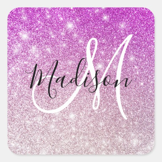 Meisjes en Glam Paars Glitter Sparkles Monogram Vierkante Sticker (Voorkant)