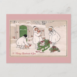 Meisjes en huisdieren Vintage Kerstmis Feestdagenkaart