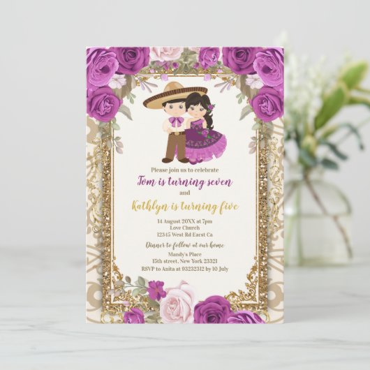 Meisjes en jongen Paars en gouden dag uitnodiging (Staand voorkant)