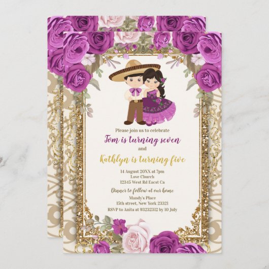 Meisjes en jongen Paars en gouden dag uitnodiging (Voorkant / Achterkant)