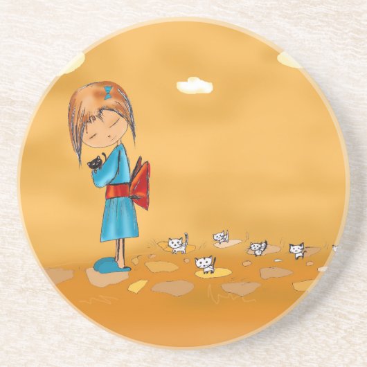 meisjes en katten zandsteen onderzetter (Voorkant)