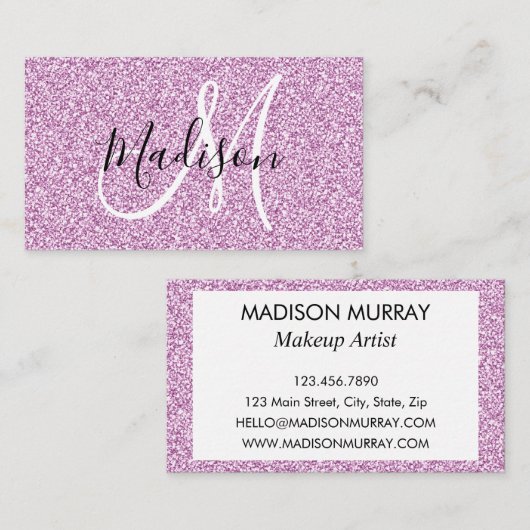 Meisjes en Lila Paars Glitter Sparkle Monogram Visitekaartje (Voorkant / Achterkant)
