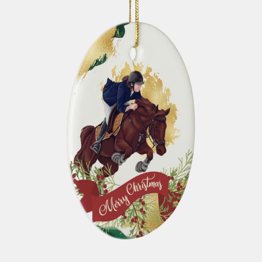 Meisjes en paarden die met kerst springen personal keramisch ornament (Rechts)