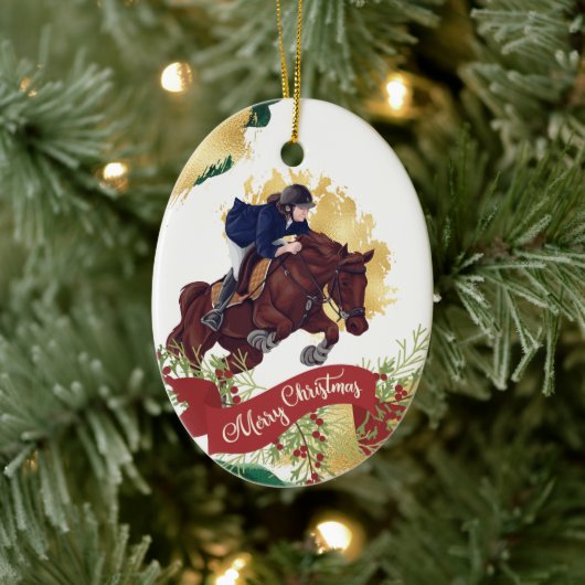 Meisjes en paarden die met kerst springen personal keramisch ornament (Boom)
