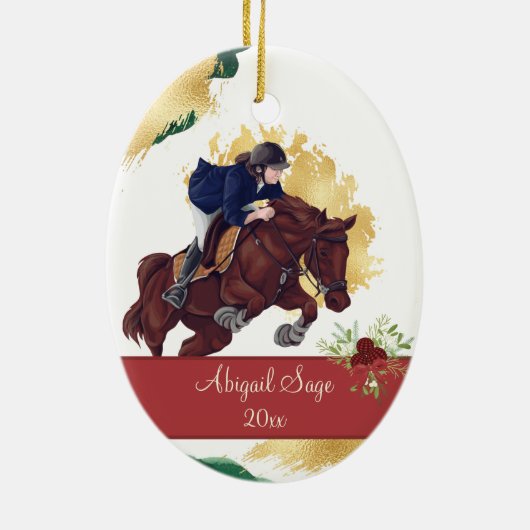 Meisjes en paarden die met kerst springen personal keramisch ornament (Achterkant)