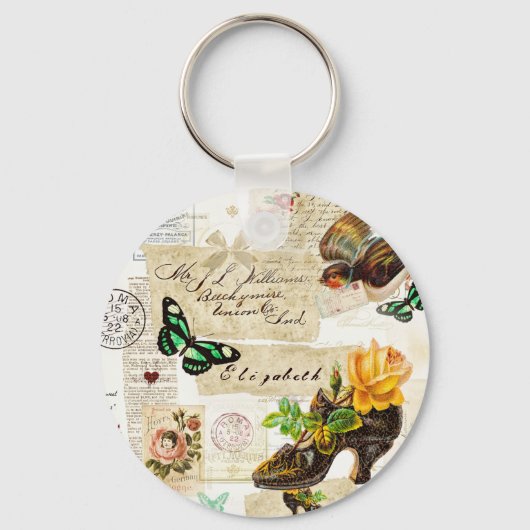 Meisjes Ephemera Mode Collage met naam Sleutelhanger (Voorkant)