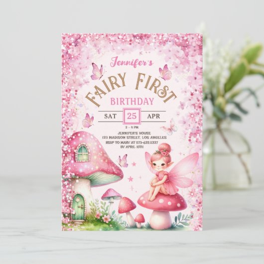 Meisjes Fairy Eerste Verjaardag Roze Betoverd Bos Kaart (Staand voorkant)