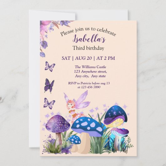 Meisjes Fairy Paarse paddenstoel vlinder Verjaarda Kaart (Voorkant)