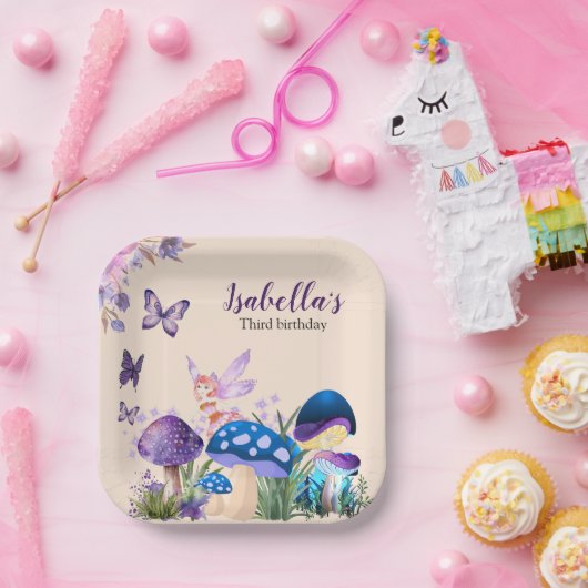 Meisjes Fairy Paarse paddenstoel vlinder Verjaarda Papieren Bordje (Feest)