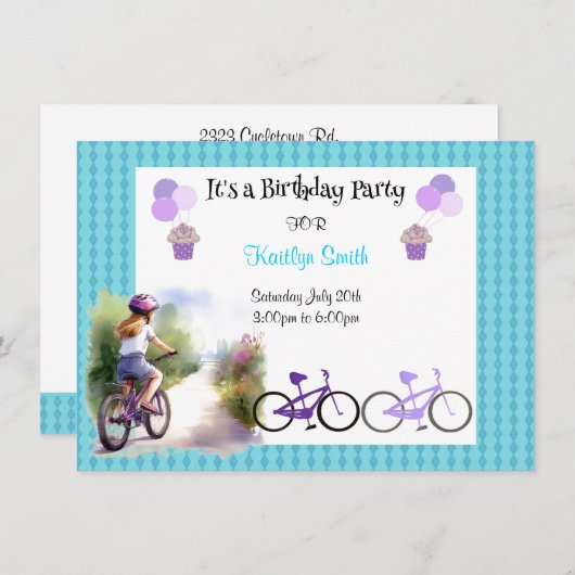 Meisjes Fiets Verjaardagsfeestuitnodiging Kaart (Voorkant / Achterkant)