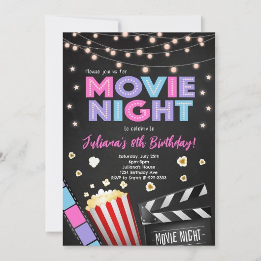 Meisjes Film Nacht Verjaardag Party Uitnodiging (Voorkant)