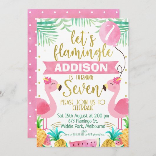 Meisjes flamingo ballonnen zevende verjaardag kaart (Voorkant / Achterkant)