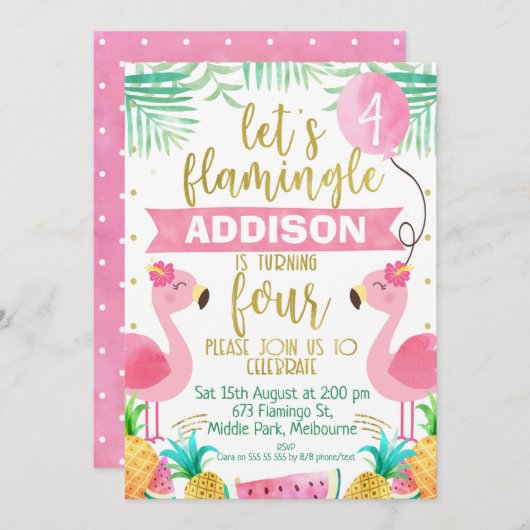 Meisjes flamingo vierde verjaardagsuitnodiging kaart (Voorkant / Achterkant)