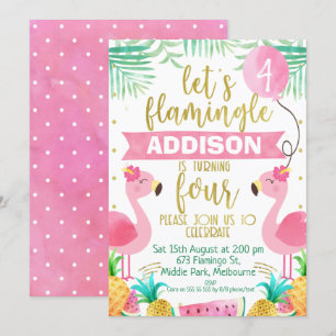 Meisjes flamingo vierde verjaardagsuitnodiging kaart
