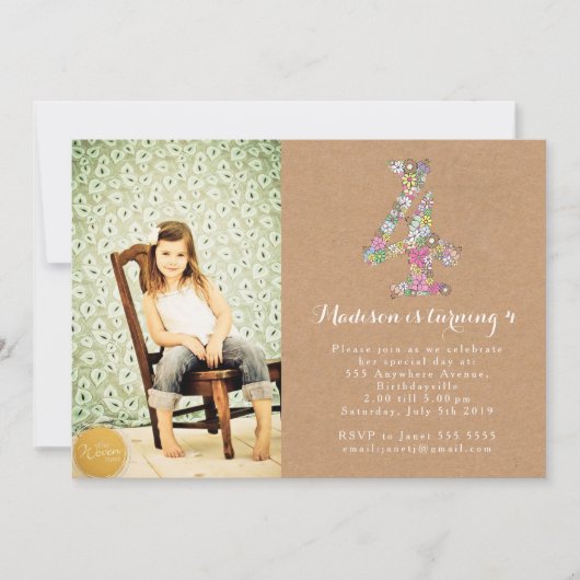 Meisjes Floral 4e verjaardag uitnodiging (Voorkant)