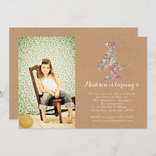 Meisjes Floral 4e verjaardag uitnodiging (Voorkant / Achterkant)