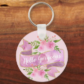 Meisjes  Floral Blush Pink Hallo Goudgoud Sleutelhanger (Voorkant)