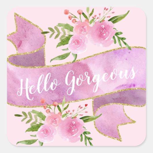 Meisjes Floral Blush Pink Hallo Goudgoud Vierkante Sticker (Voorkant)
