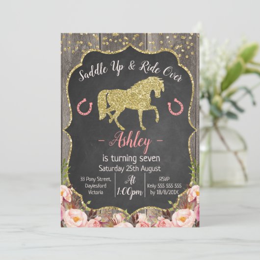 Meisjes Floral Glitter Paard Verjaardag Uitnodigin Kaart (Staand voorkant)