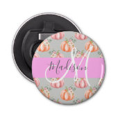 Meisjes Floral Gray Pink Peach Monogram Button Flesopener (Voorkant)