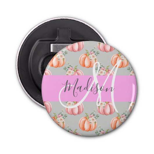 Meisjes Floral Gray Pink Peach Monogram Button Flesopener (Voorkant)