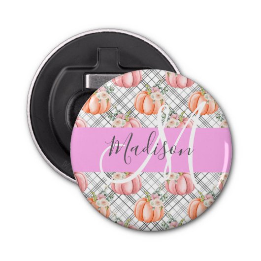 Meisjes Floral Gray Pink Peach Monogram Button Flesopener (Voorkant)