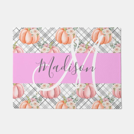 Meisjes Floral Gray Pink Peach Monogram Deurmat (Voorkant)