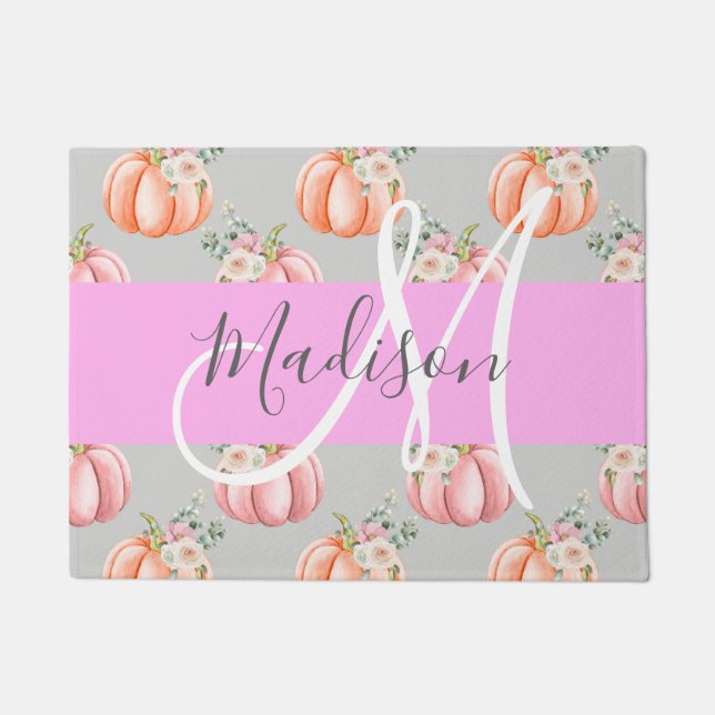 Meisjes Floral Gray Pink Peach Monogram Deurmat (Voorkant)