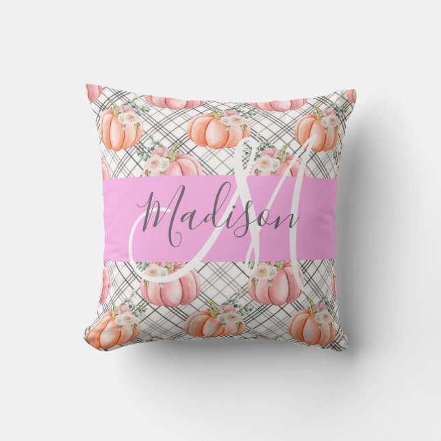 Meisjes Floral Gray Pink Peach Monogram Kussen (Voorkant)