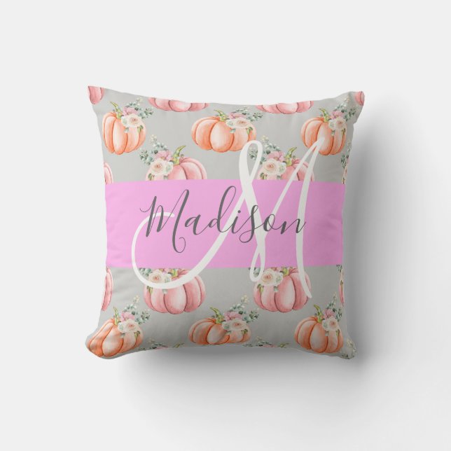Meisjes Floral Gray Pink Peach Monogram Kussen (Voorkant)