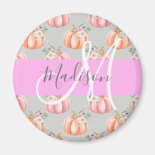 Meisjes Floral Gray Pink Peach Monogram Magneet (Voorkant)