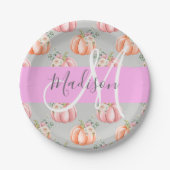 Meisjes Floral Gray Pink Peach Monogram Papieren Bordje (Voorkant)