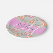 Meisjes Floral Gray Pink Peach Monogram Papieren Bordje (Gekanteld)