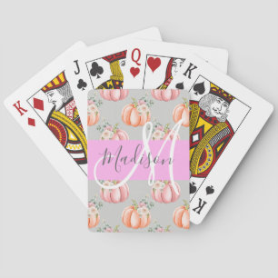 Meisjes Floral Gray Pink Peach Monogram Pokerkaarten