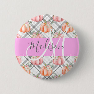Meisjes Floral Gray Pink Peach Monogram Ronde Button 5,7 Cm