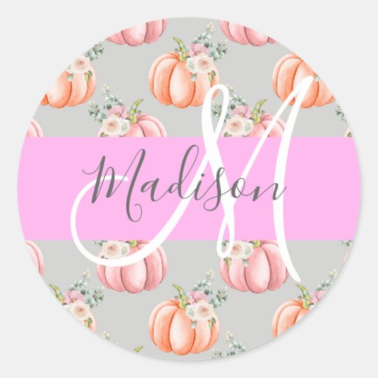 Meisjes Floral Gray Pink Peach Monogram Ronde Sticker (Voorkant)