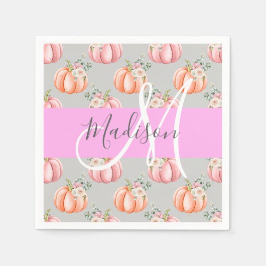 Meisjes Floral Gray Pink Peach Monogram Servet (Voorkant)