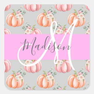 Meisjes Floral Gray Pink Peach Monogram Vierkante Sticker