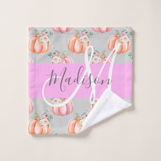 Meisjes Floral Gray Pink Peach Monogram Washandje (Wasdoekje)