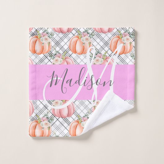 Meisjes Floral Gray Pink Peach Monogram Washandje (Wasdoekje)