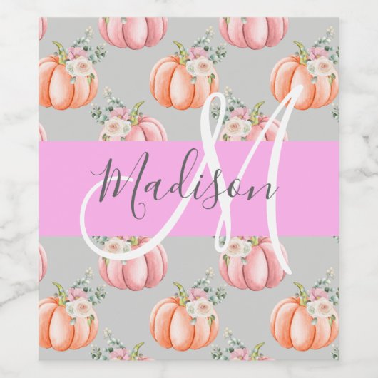 Meisjes Floral Gray Pink Peach Monogram Wijn Etiket (Enkel label)