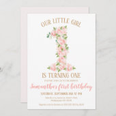 Meisjes Floral nummer 1e verjaardag uitnodiging (Voorkant / Achterkant)