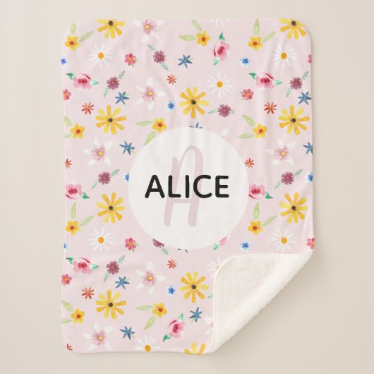 Meisjes Floral Pink Flower & Name Monogram Kinder Sherpa Deken (Voorkant)