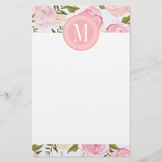 Meisjes Floral roze Roses Peony gepersonaliseerd Briefpapier (Voorkant)