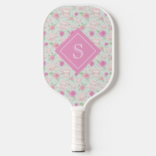 Meisjes Floral Roze Tea Cups Pattern Personalized Pickleball Paddle (Voorkant)