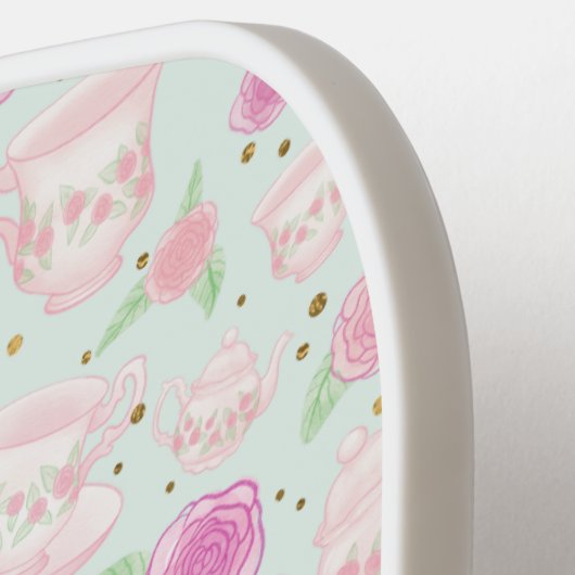 Meisjes Floral Roze Tea Cups Pattern Personalized Pickleball Paddle (Links Detail)